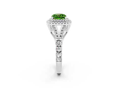 White gold Cushion Cut Peridot Double Halo Ring with Split Shank and Prong Setting_26