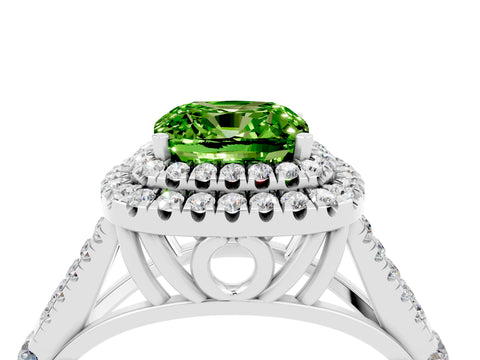 White gold Cushion Cut Peridot Double Halo Ring with Split Shank and Prong Setting_28