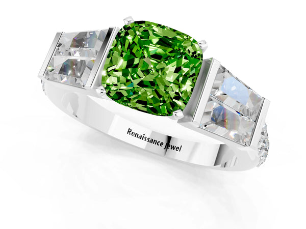 Silver Cushion Cut Peridot Engagement Ring with Baguette Side Stones and Channel Set Band
