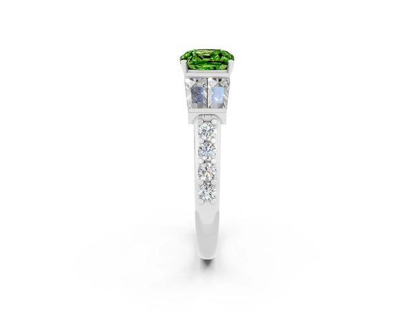 White gold Cushion Cut Peridot Engagement Ring with Baguette Side Stones and Channel Set Band