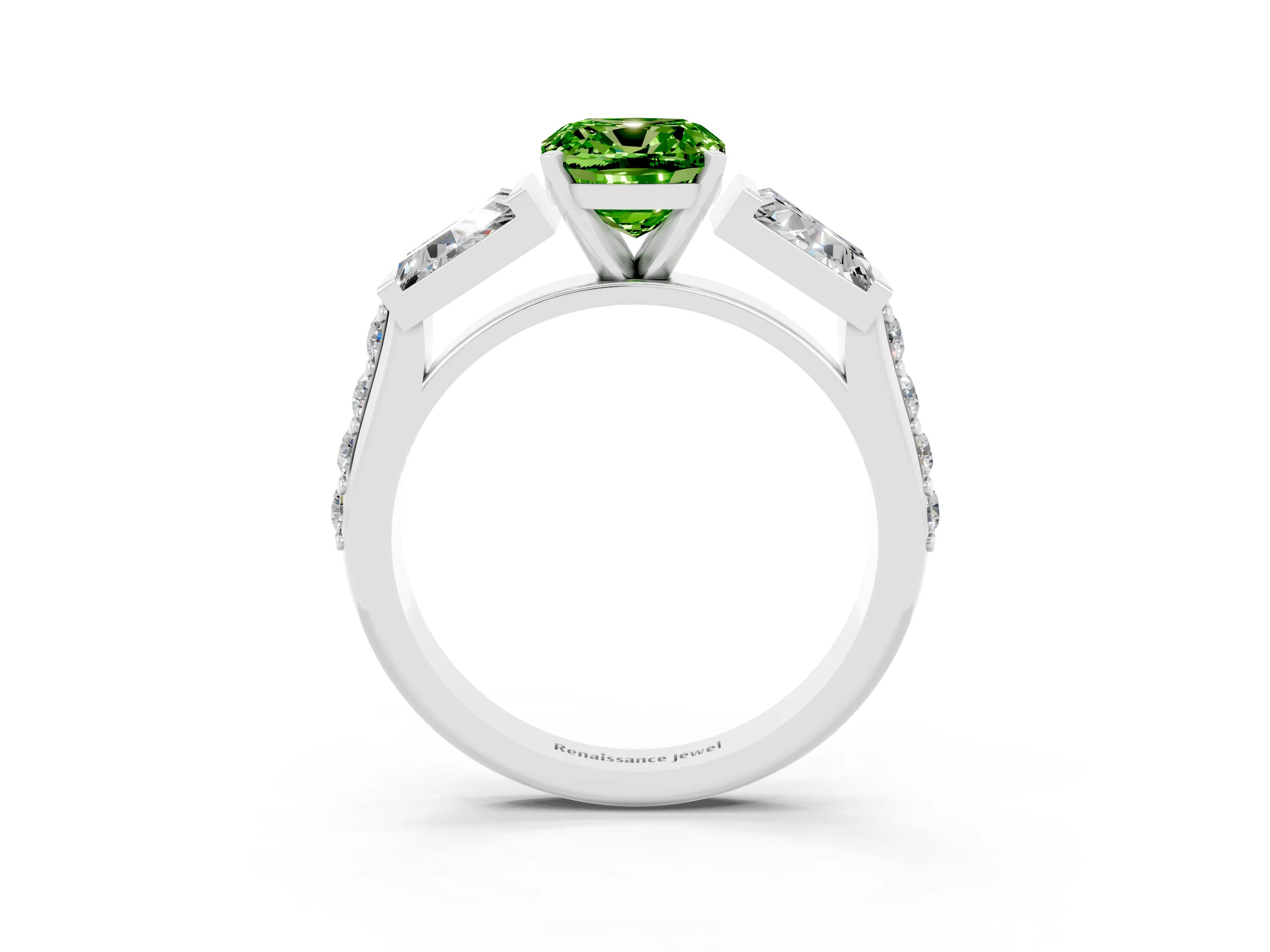 White gold Cushion Cut Peridot Engagement Ring with Baguette Side Stones and Channel Set Band_3