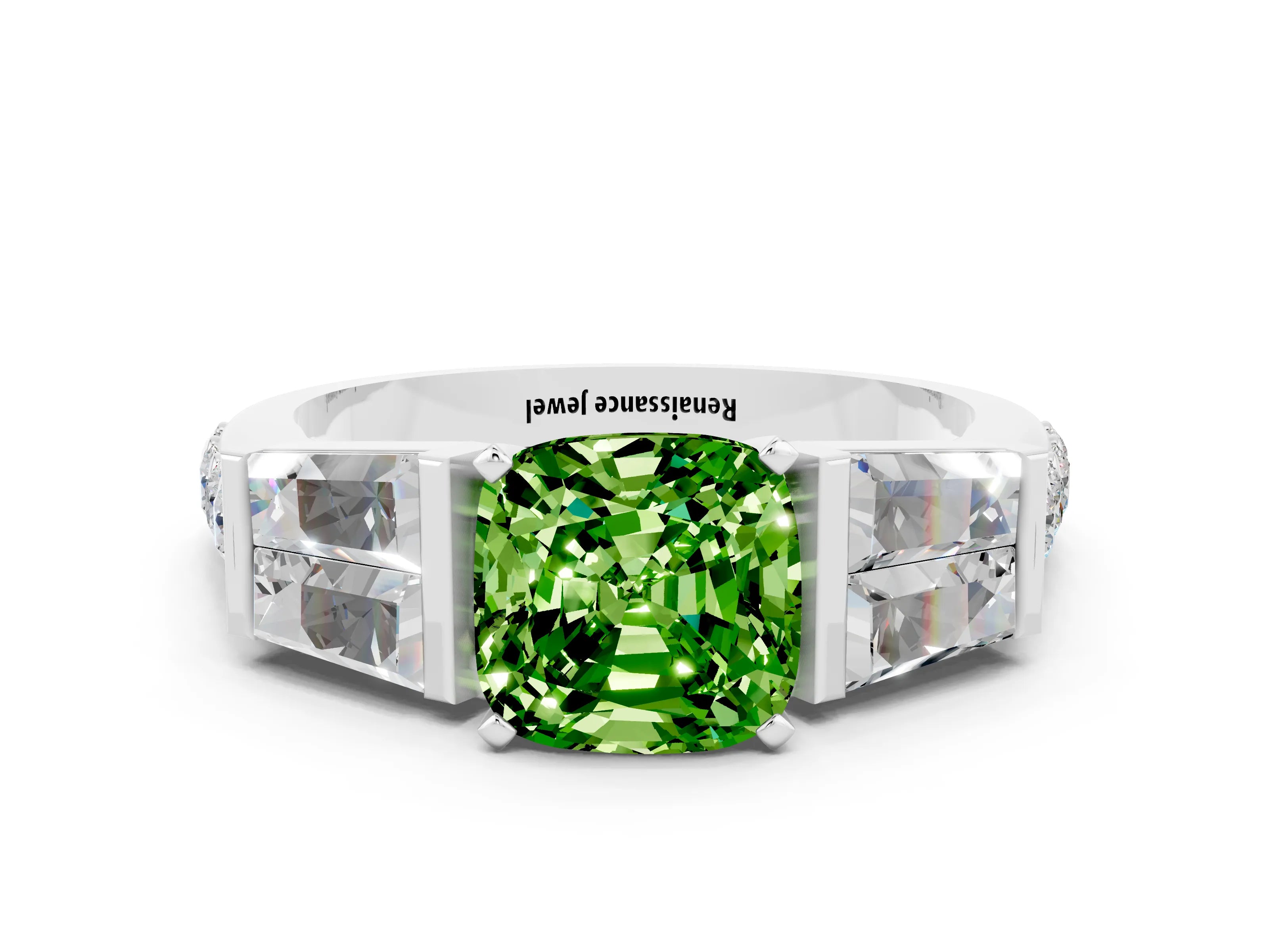 White gold Cushion Cut Peridot Engagement Ring with Baguette Side Stones and Channel Set Band