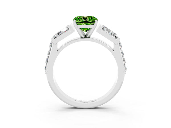 Silver Cushion Cut Peridot Engagement Ring with Baguette Side Stones and Channel Set Band