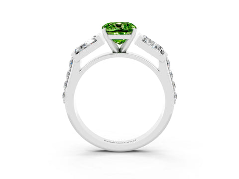 White gold Cushion Cut Peridot Engagement Ring with Baguette Side Stones and Channel Set Band_3