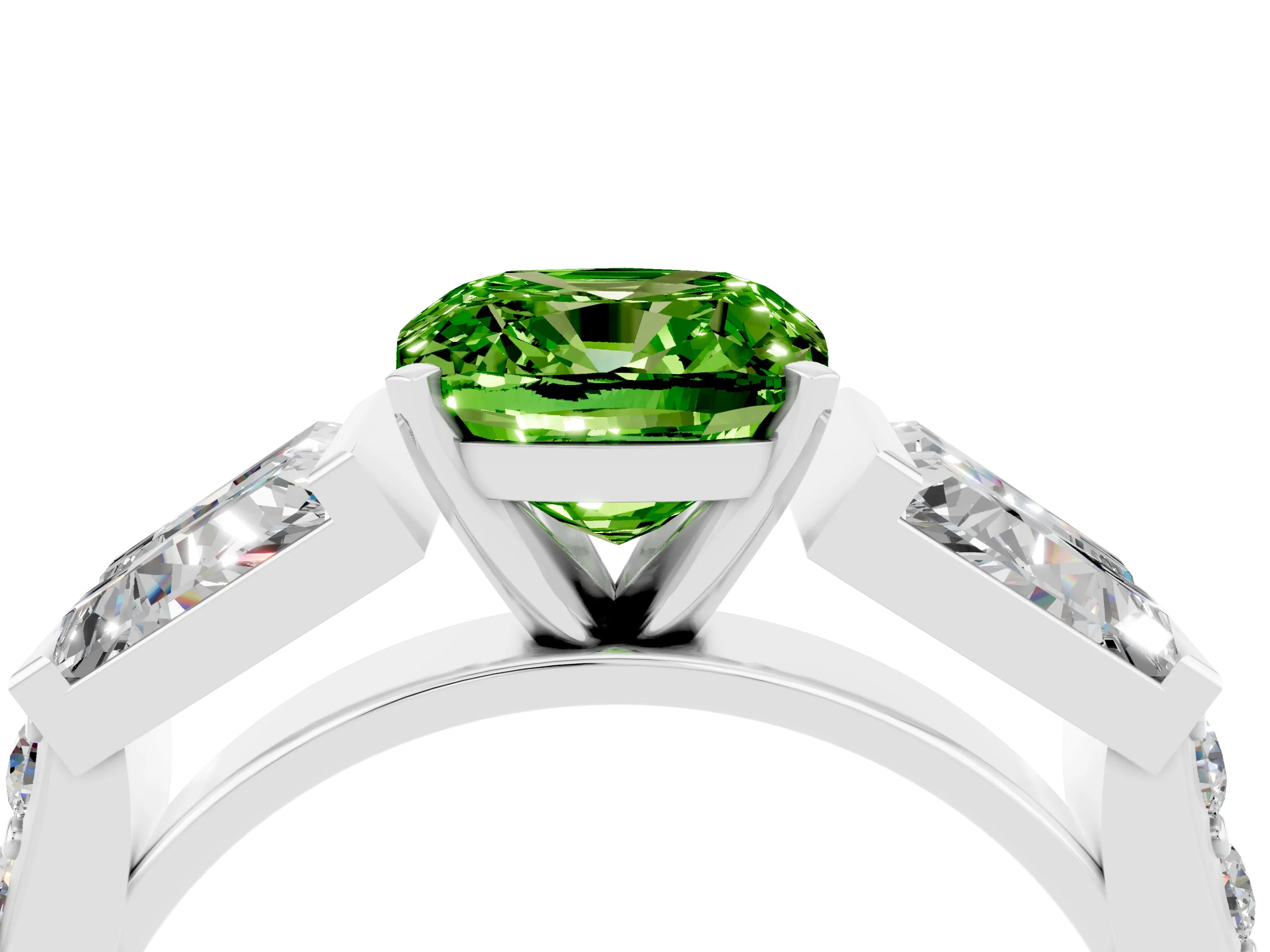 White gold Cushion Cut Peridot Engagement Ring with Baguette Side Stones and Channel Set Band_4