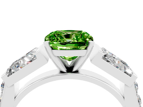 White gold Cushion Cut Peridot Engagement Ring with Baguette Side Stones and Channel Set Band_4