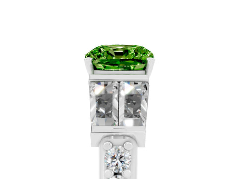 White gold Cushion Cut Peridot Engagement Ring with Baguette Side Stones and Channel Set Band_5