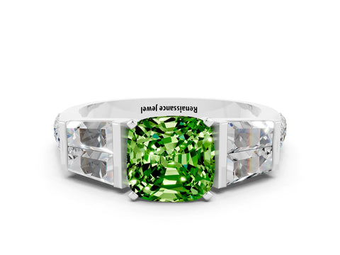 White gold Cushion Cut Peridot Engagement Ring with Baguette Side Stones and Channel Set Band