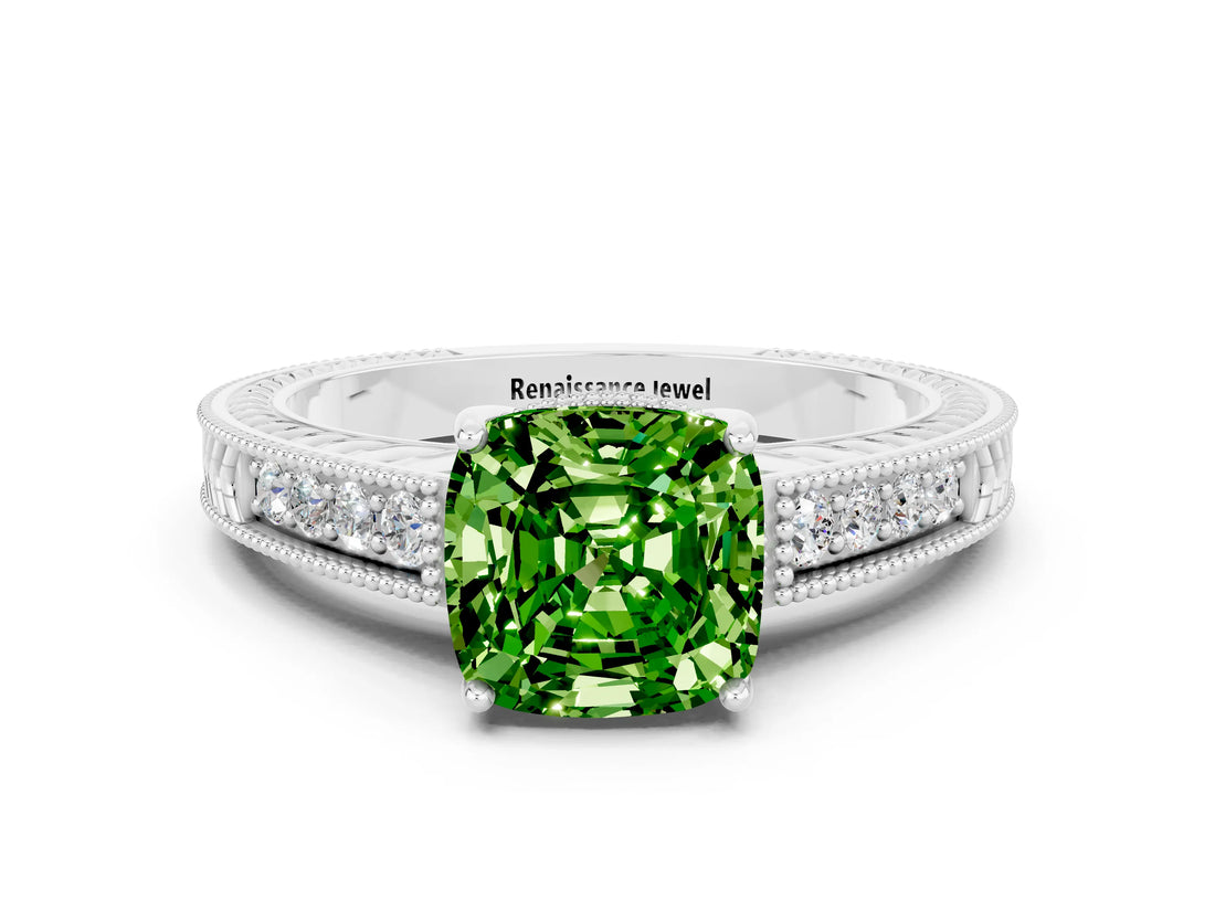 White gold Cushion Cut Peridot Engagement Ring with Milgrain Channel Set Band and Prong Setting