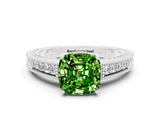 White gold Cushion Cut Peridot Engagement Ring with Milgrain Channel Set Band and Prong Setting