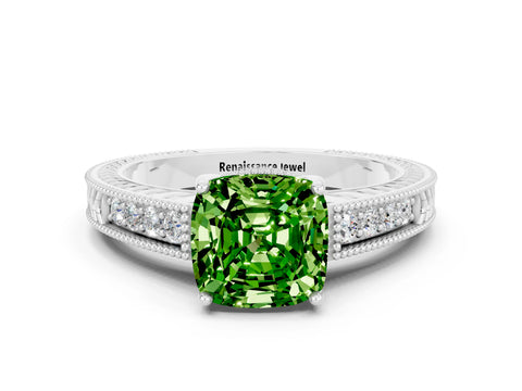 White gold Cushion Cut Peridot Engagement Ring with Milgrain Channel Set Band and Prong Setting