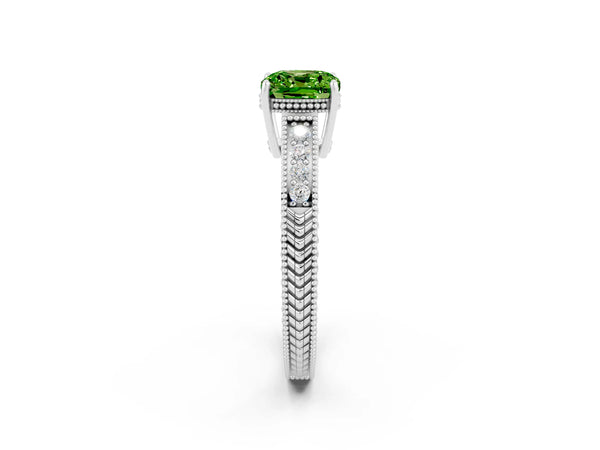 Platinum Cushion Cut Peridot Engagement Ring with Milgrain Channel Set Band and Prong Setting
