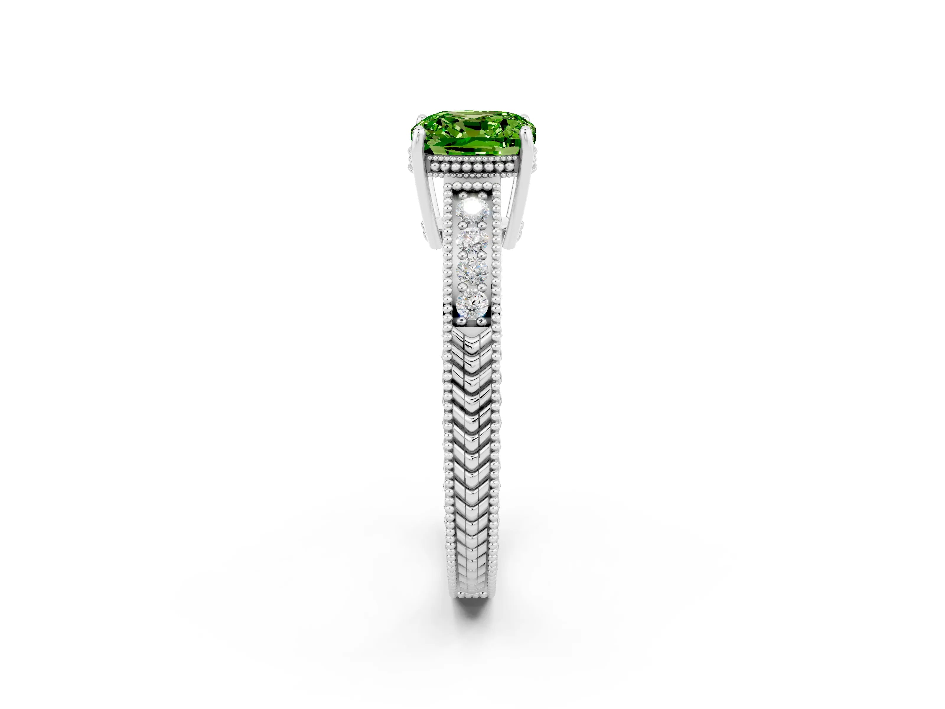 White gold Cushion Cut Peridot Engagement Ring with Milgrain Channel Set Band and Prong Setting_2