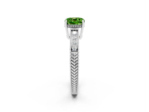 White gold Cushion Cut Peridot Engagement Ring with Milgrain Channel Set Band and Prong Setting_2