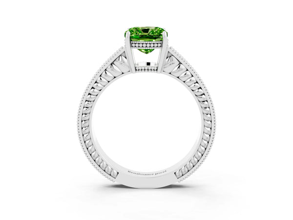 Silver Cushion Cut Peridot Engagement Ring with Milgrain Channel Set Band and Prong Setting
