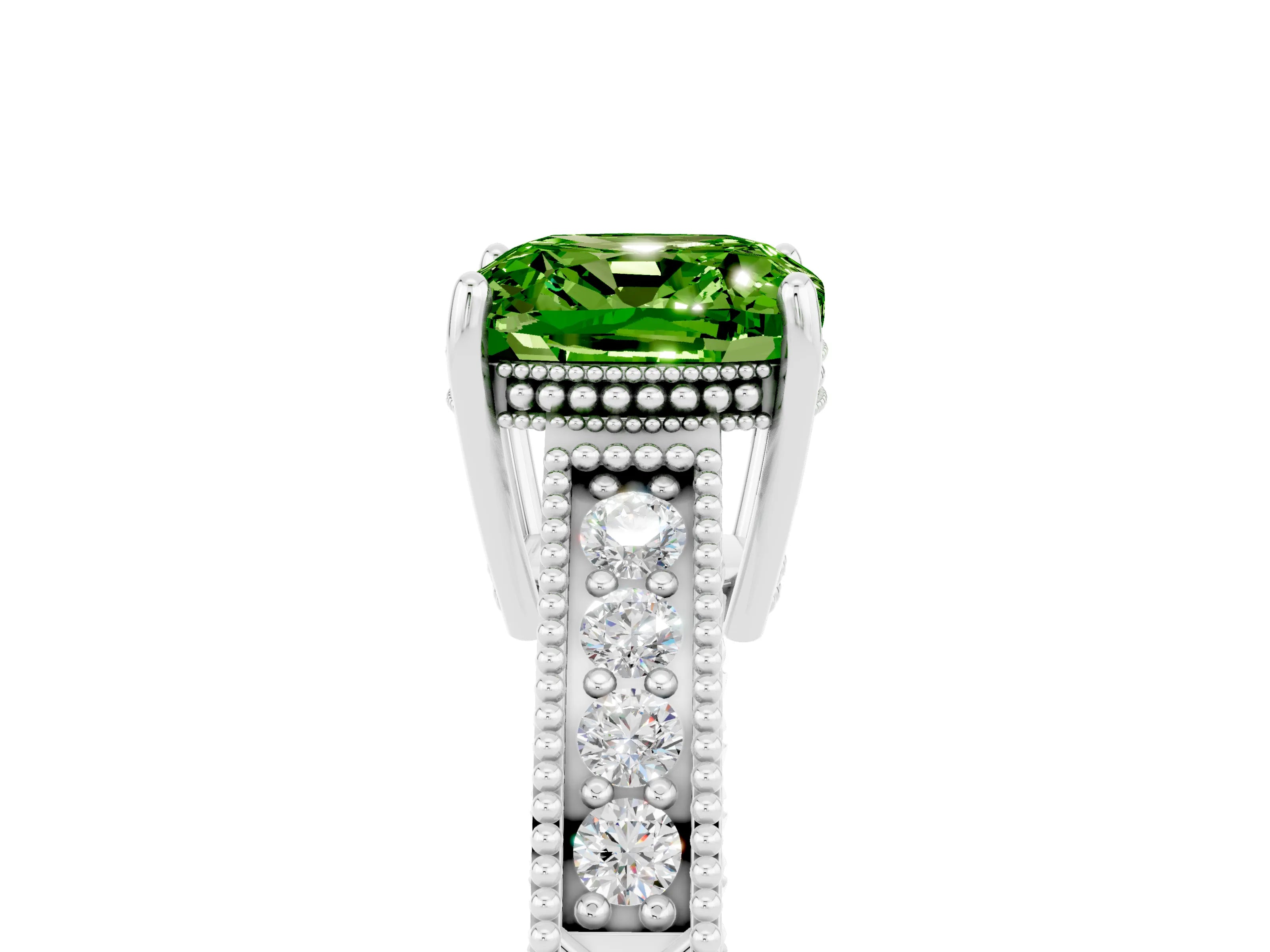 White gold Cushion Cut Peridot Engagement Ring with Milgrain Channel Set Band and Prong Setting_5