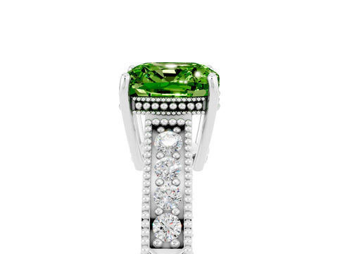 White gold Cushion Cut Peridot Engagement Ring with Milgrain Channel Set Band and Prong Setting_5