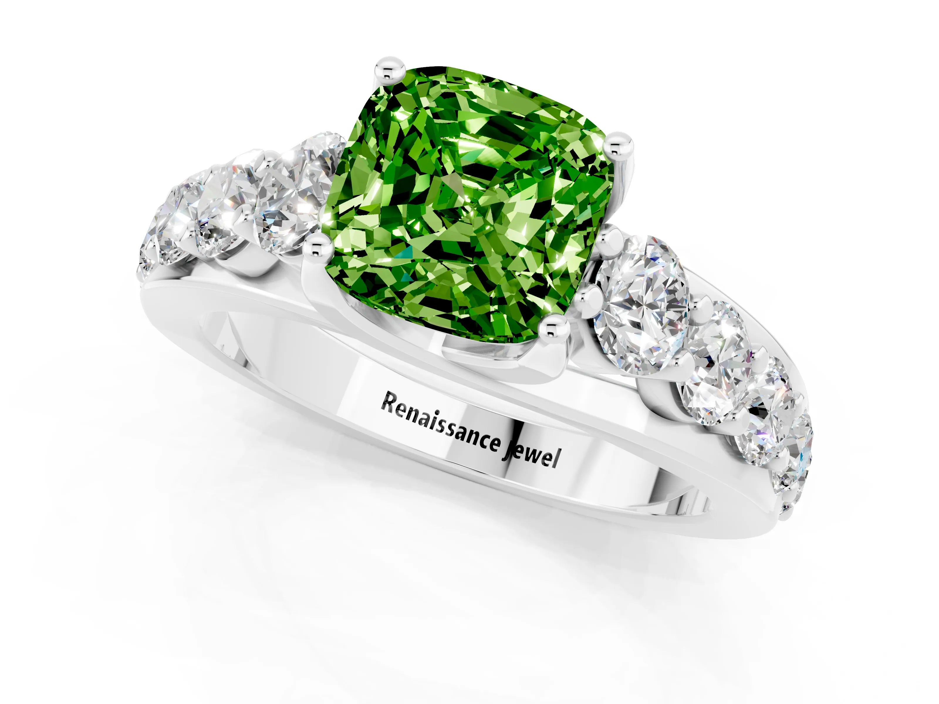 White gold Cushion Cut Peridot Engagement Ring with Pavé Band and Four-Prong Setting_1
