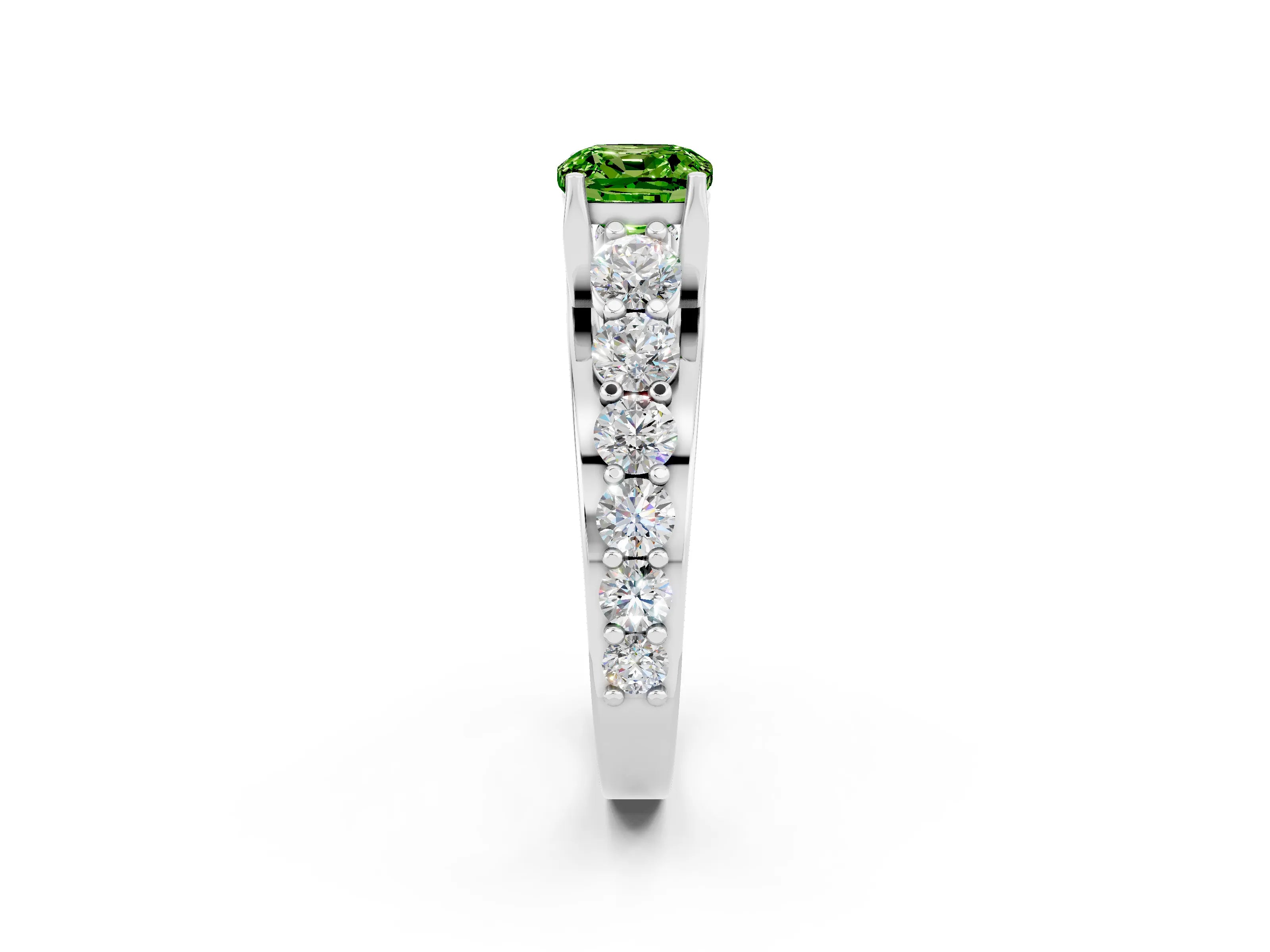 White gold Cushion Cut Peridot Engagement Ring with Pavé Band and Four-Prong Setting_2