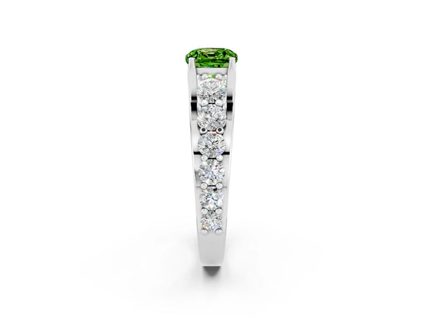 White gold Cushion Cut Peridot Engagement Ring with Pavé Band and Four-Prong Setting