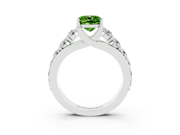 Platinum Cushion Cut Peridot Engagement Ring with Pavé Band and Four-Prong Setting