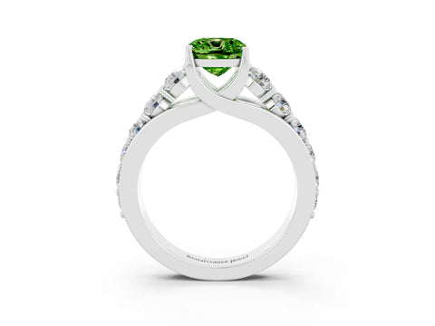 White gold Cushion Cut Peridot Engagement Ring with Pavé Band and Four-Prong Setting_3