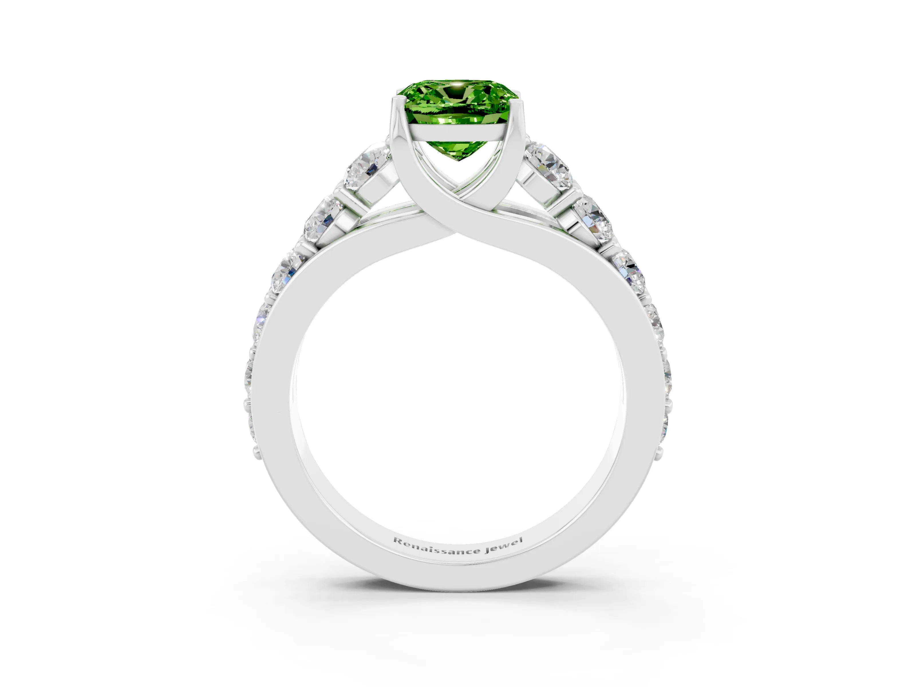 White gold Cushion Cut Peridot Engagement Ring with Pavé Band and Four-Prong Setting_3