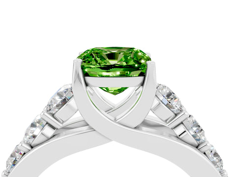 White gold Cushion Cut Peridot Engagement Ring with Pavé Band and Four-Prong Setting_4