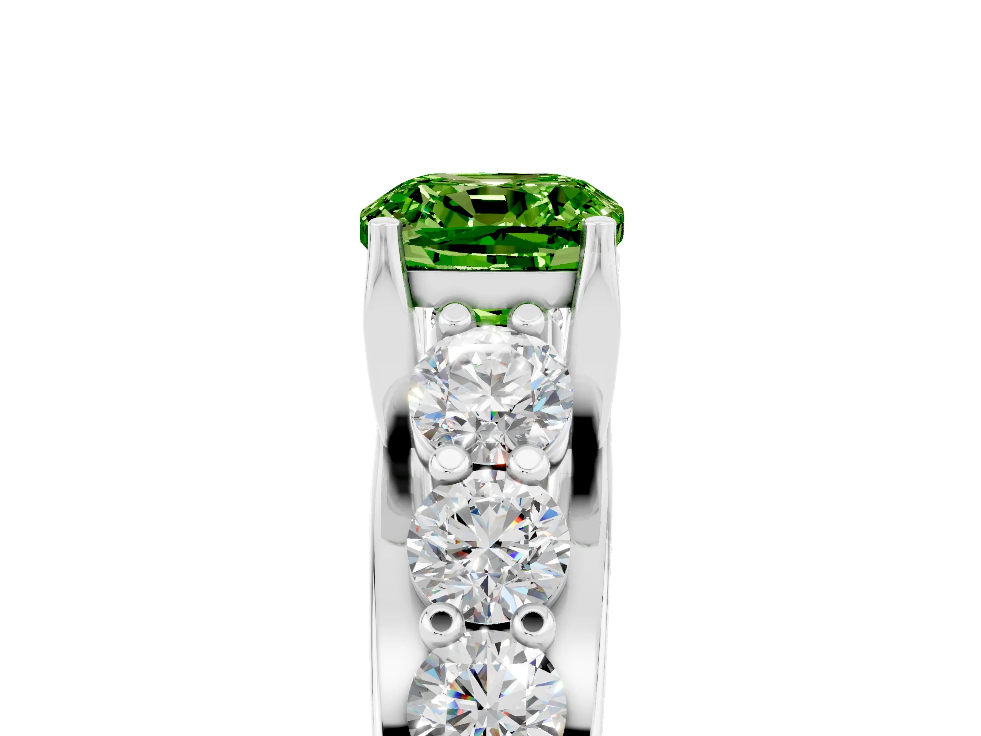 White gold Cushion Cut Peridot Engagement Ring with Pavé Band and Four-Prong Setting_5