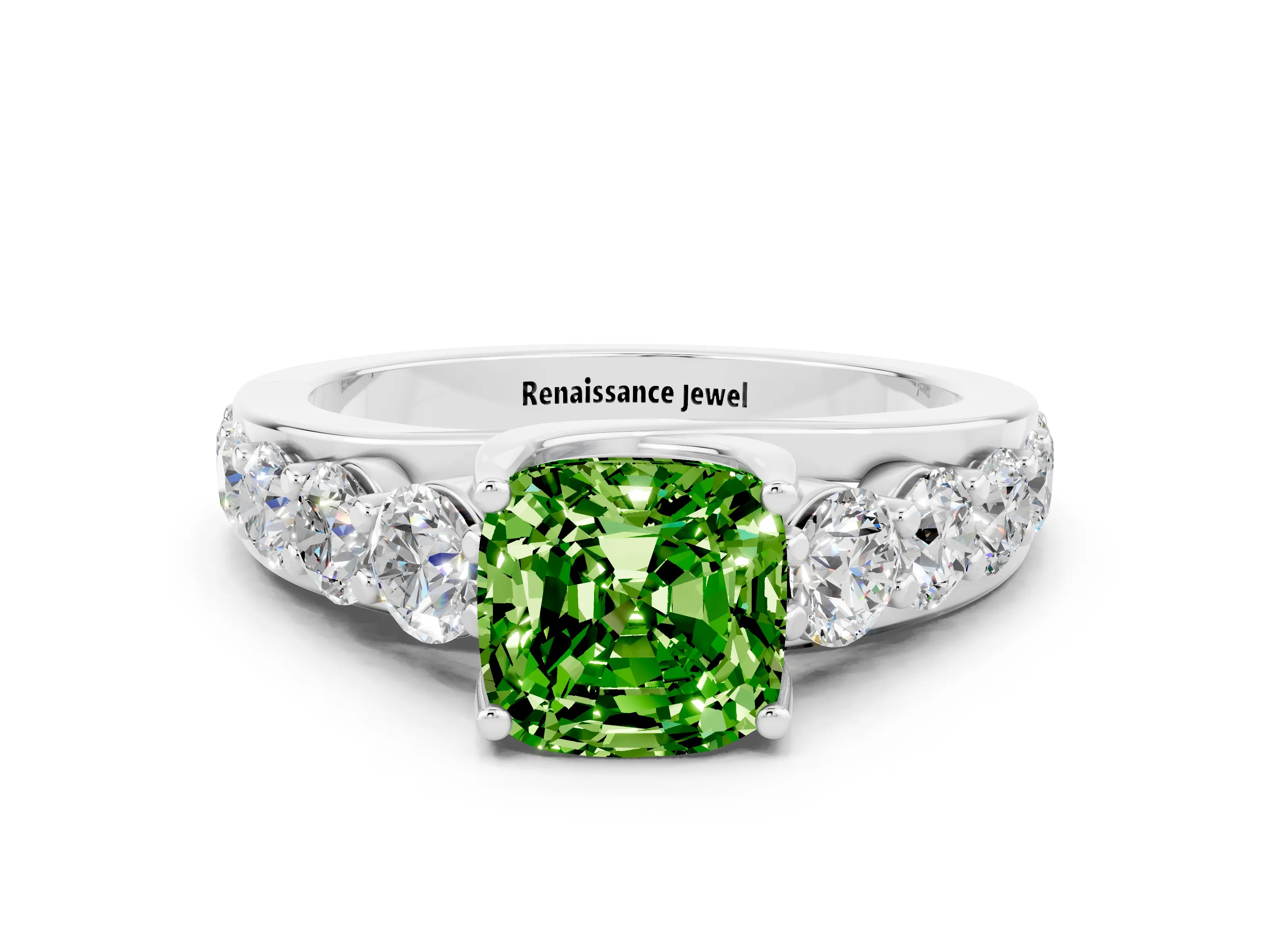 White gold Cushion Cut Peridot Engagement Ring with Pavé Band and Four-Prong Setting