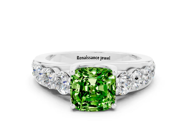 White gold Cushion Cut Peridot Engagement Ring with Pavé Band and Four-Prong Setting