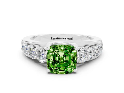 White gold Cushion Cut Peridot Engagement Ring with Pavé Band and Four-Prong Setting