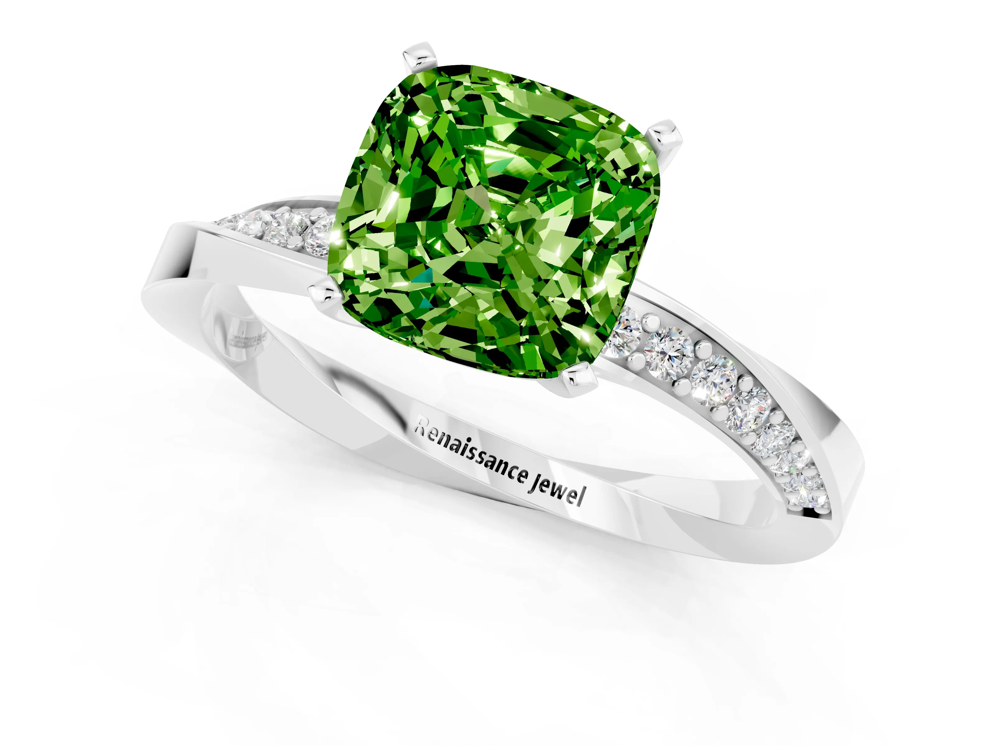 White gold Cushion Cut Peridot Engagement Ring with Side Stone Accents and Four-Prong Setting_40