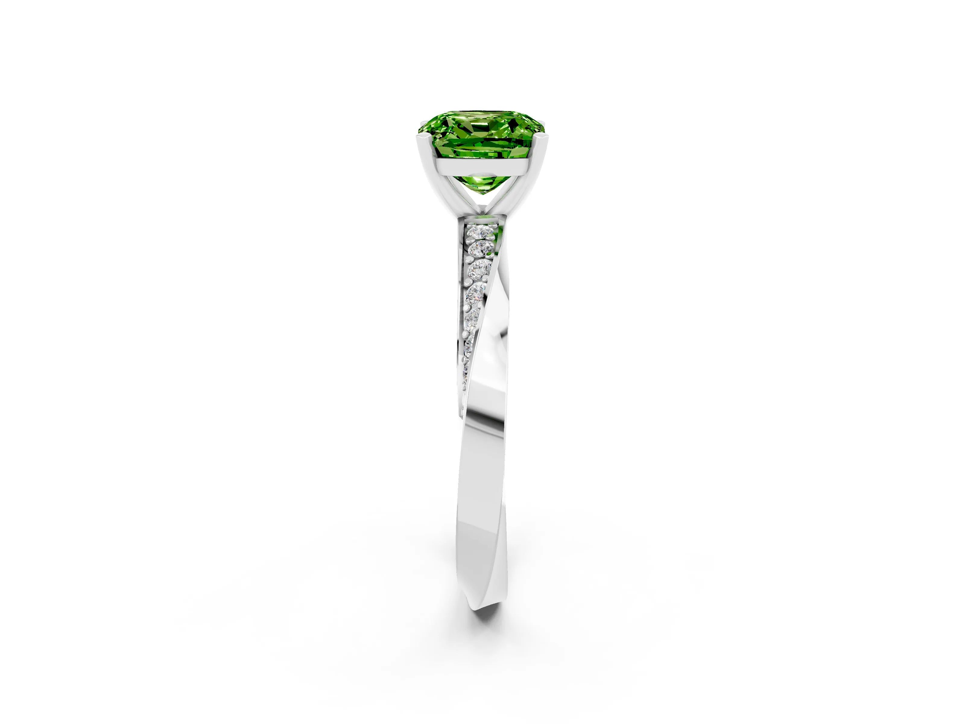 White gold Cushion Cut Peridot Engagement Ring with Side Stone Accents and Four-Prong Setting_41