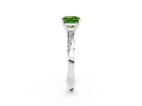 White gold Cushion Cut Peridot Engagement Ring with Side Stone Accents and Four-Prong Setting
