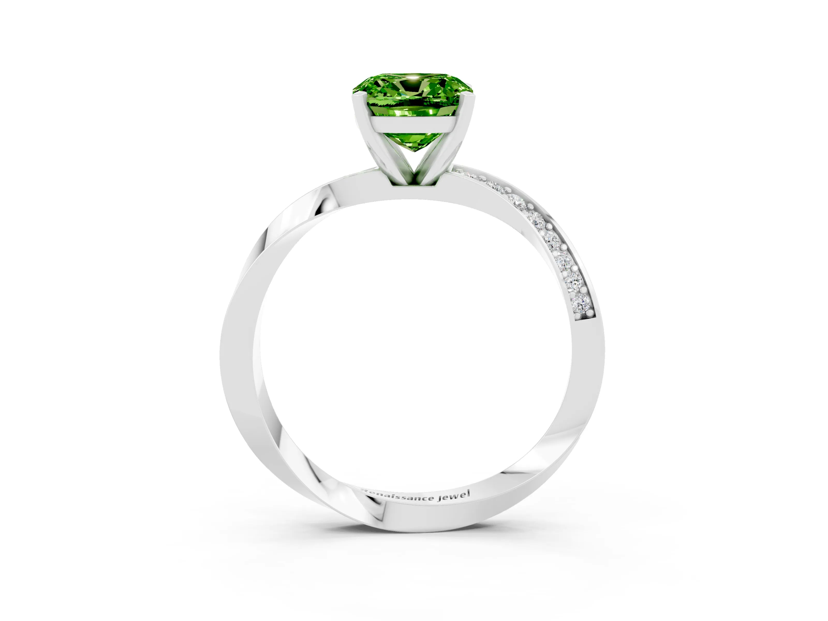 White gold Cushion Cut Peridot Engagement Ring with Side Stone Accents and Four-Prong Setting_42