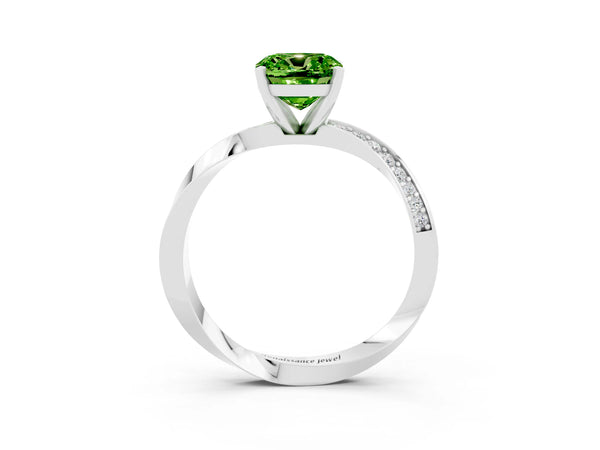 Silver Cushion Cut Peridot Engagement Ring with Side Stone Accents and Four-Prong Setting