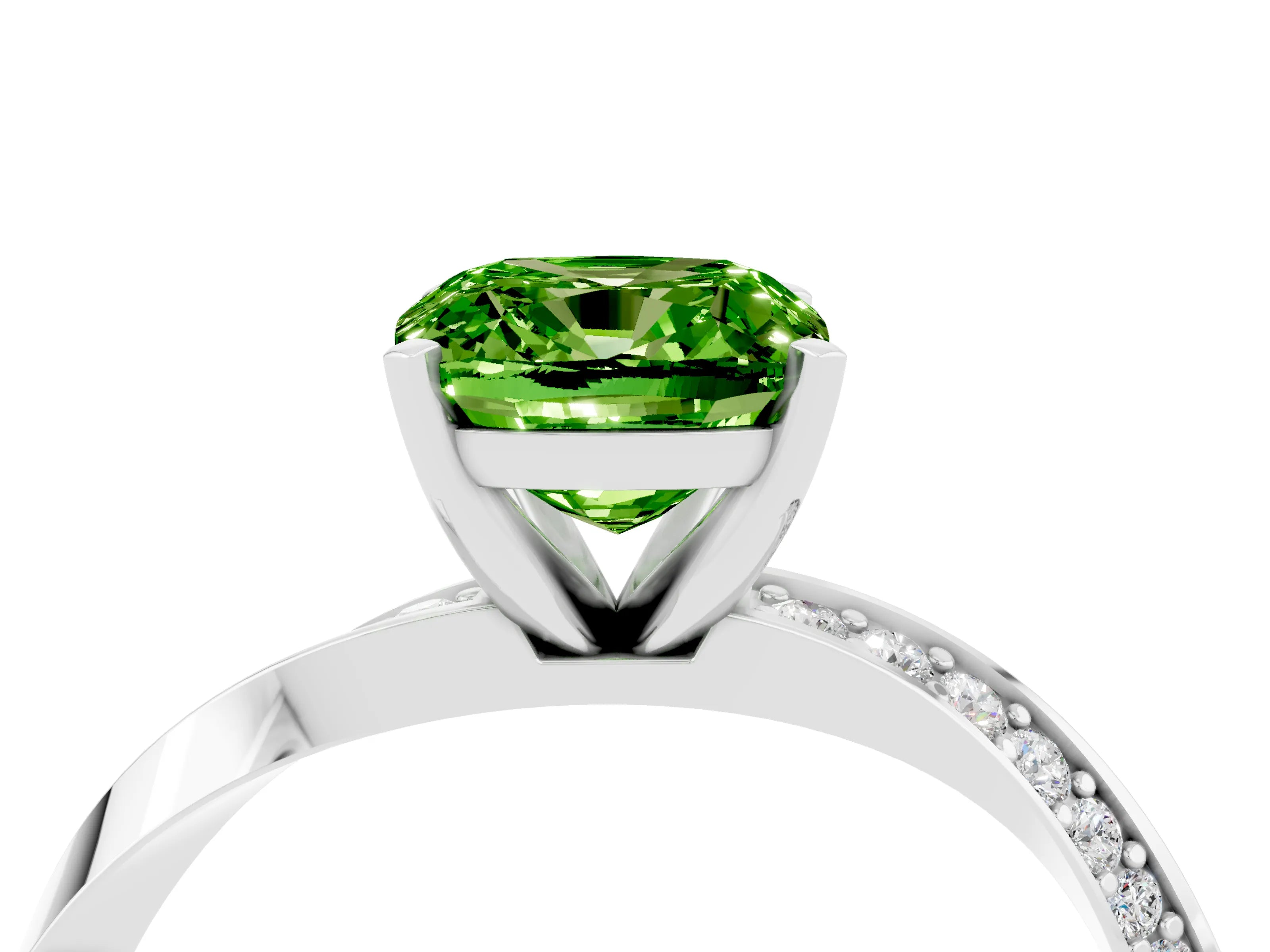 White gold Cushion Cut Peridot Engagement Ring with Side Stone Accents and Four-Prong Setting_43