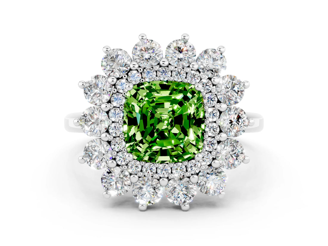 White gold Cushion Cut Peridot Floral Double Halo Engagement Ring with Prong Setting_84