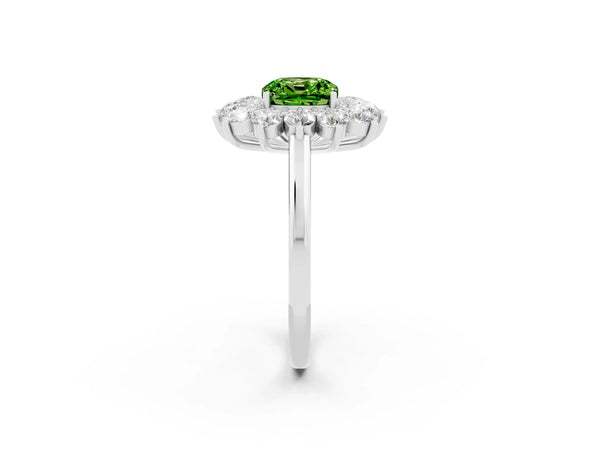 White gold Cushion Cut Peridot Floral Double Halo Engagement Ring with Prong Setting