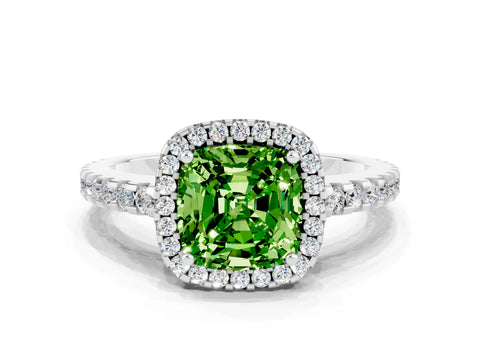 White gold Cushion Cut Peridot Halo Engagement Ring with Pavé Band and Prong Setting_12