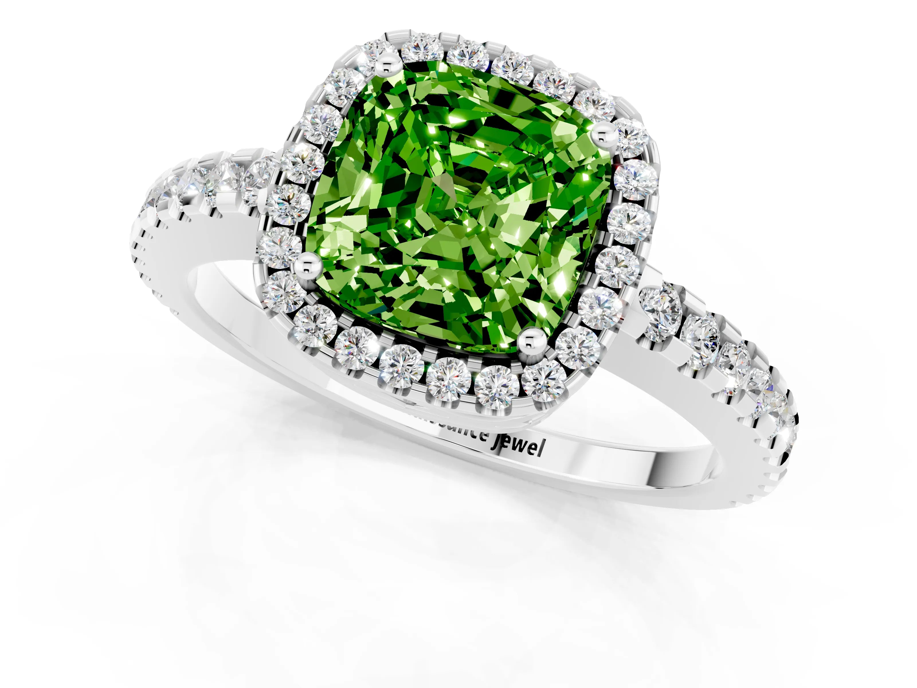 White gold Cushion Cut Peridot Halo Engagement Ring with Pavé Band and Prong Setting_13