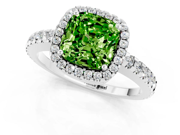 White gold Cushion Cut Peridot Halo Engagement Ring with Pavé Band and Prong Setting