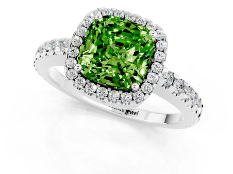 White gold Cushion Cut Peridot Halo Engagement Ring with Pavé Band and Prong Setting_13