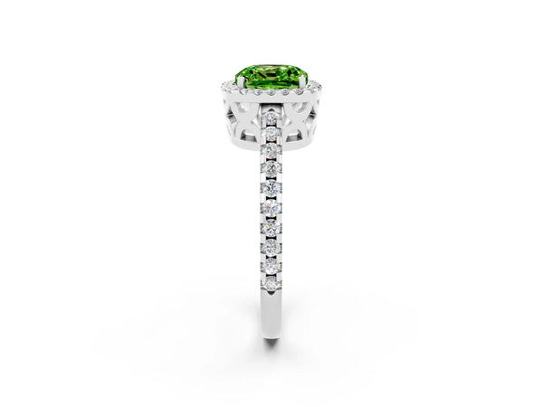 Platinum Cushion Cut Peridot Halo Engagement Ring with Pavé Band and Prong Setting