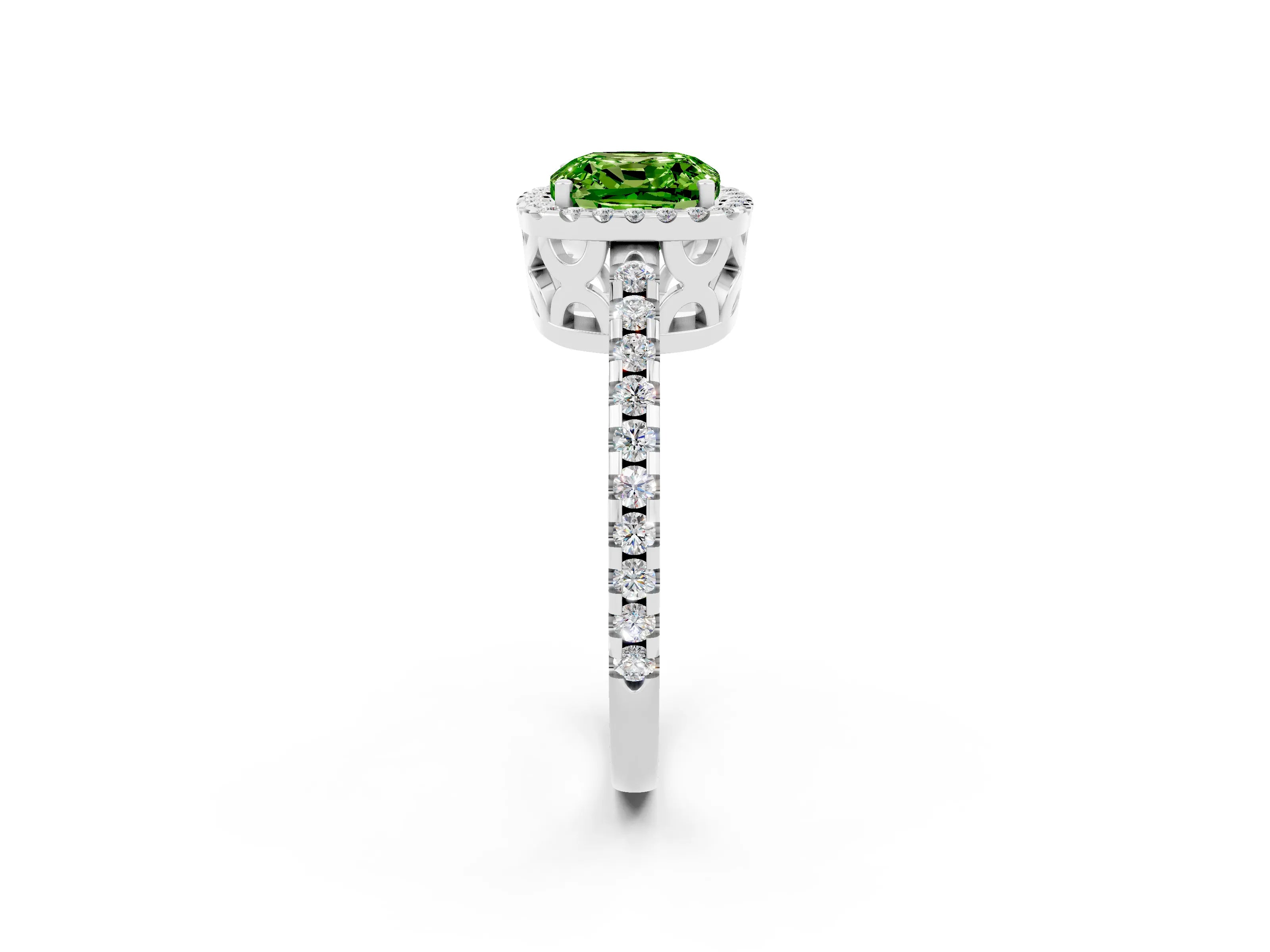White gold Cushion Cut Peridot Halo Engagement Ring with Pavé Band and Prong Setting_14