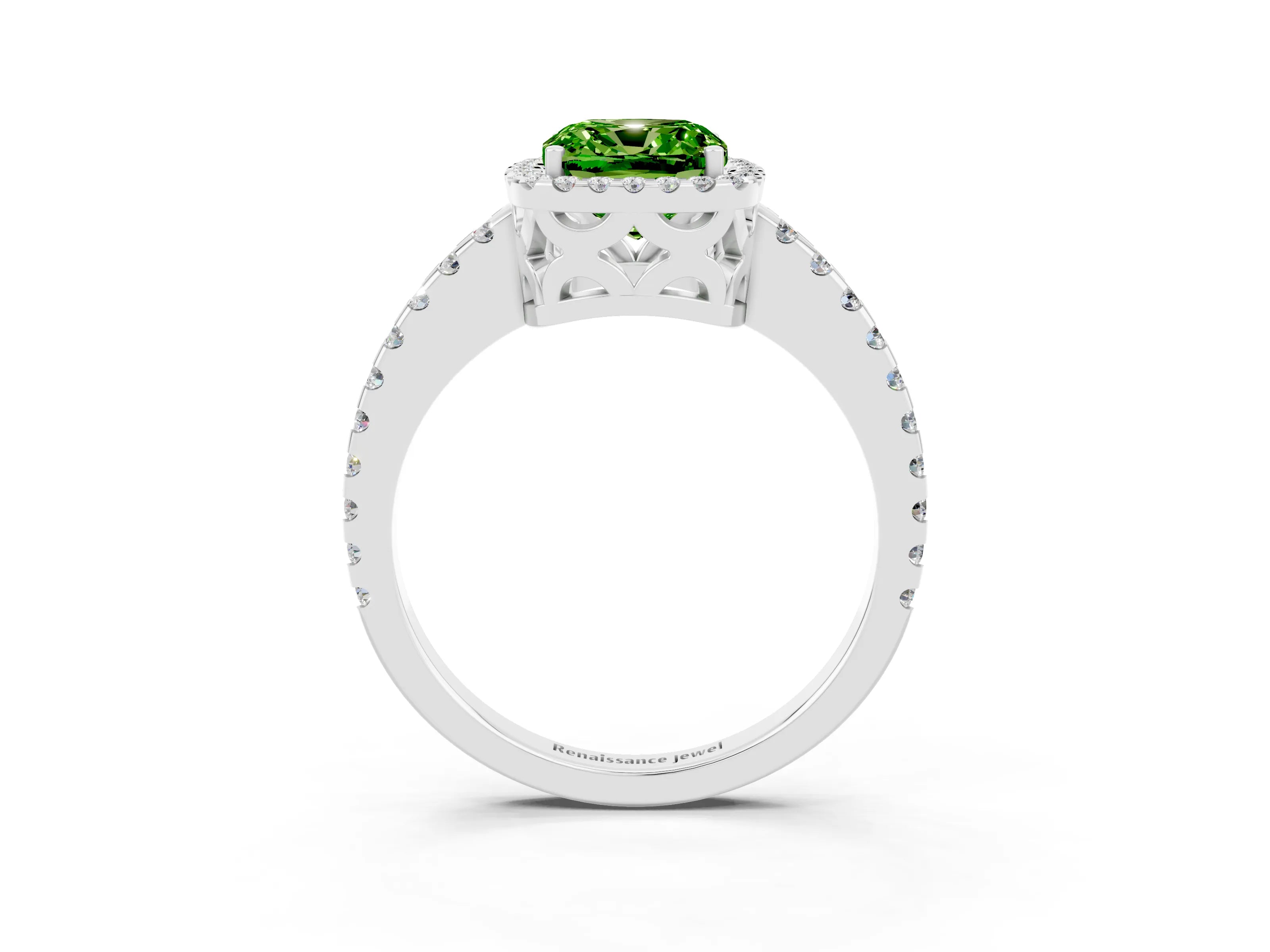 White gold Cushion Cut Peridot Halo Engagement Ring with Pavé Band and Prong Setting_15