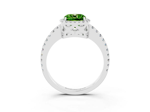 Silver Cushion Cut Peridot Halo Engagement Ring with Pavé Band and Prong Setting