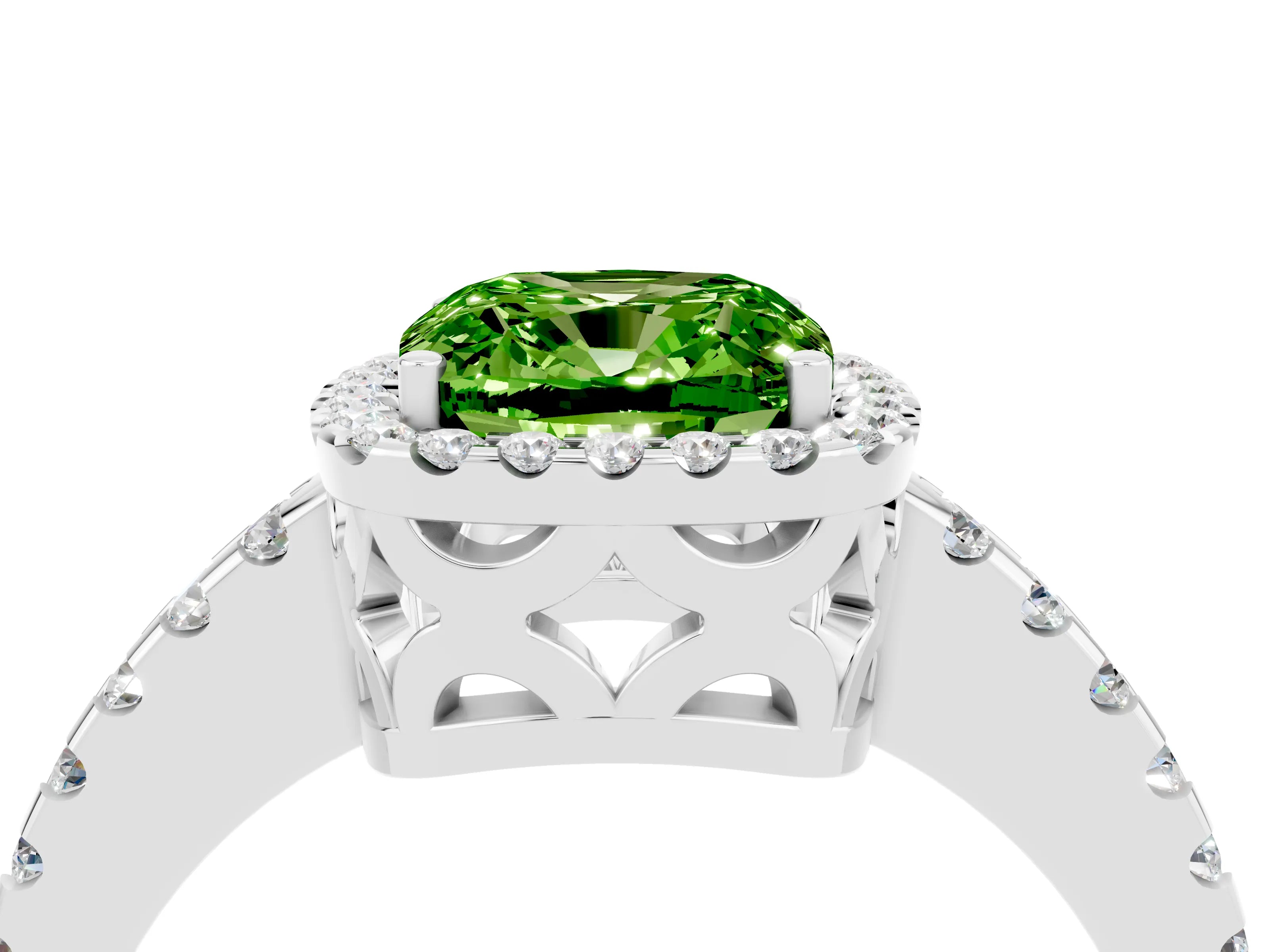 White gold Cushion Cut Peridot Halo Engagement Ring with Pavé Band and Prong Setting_16