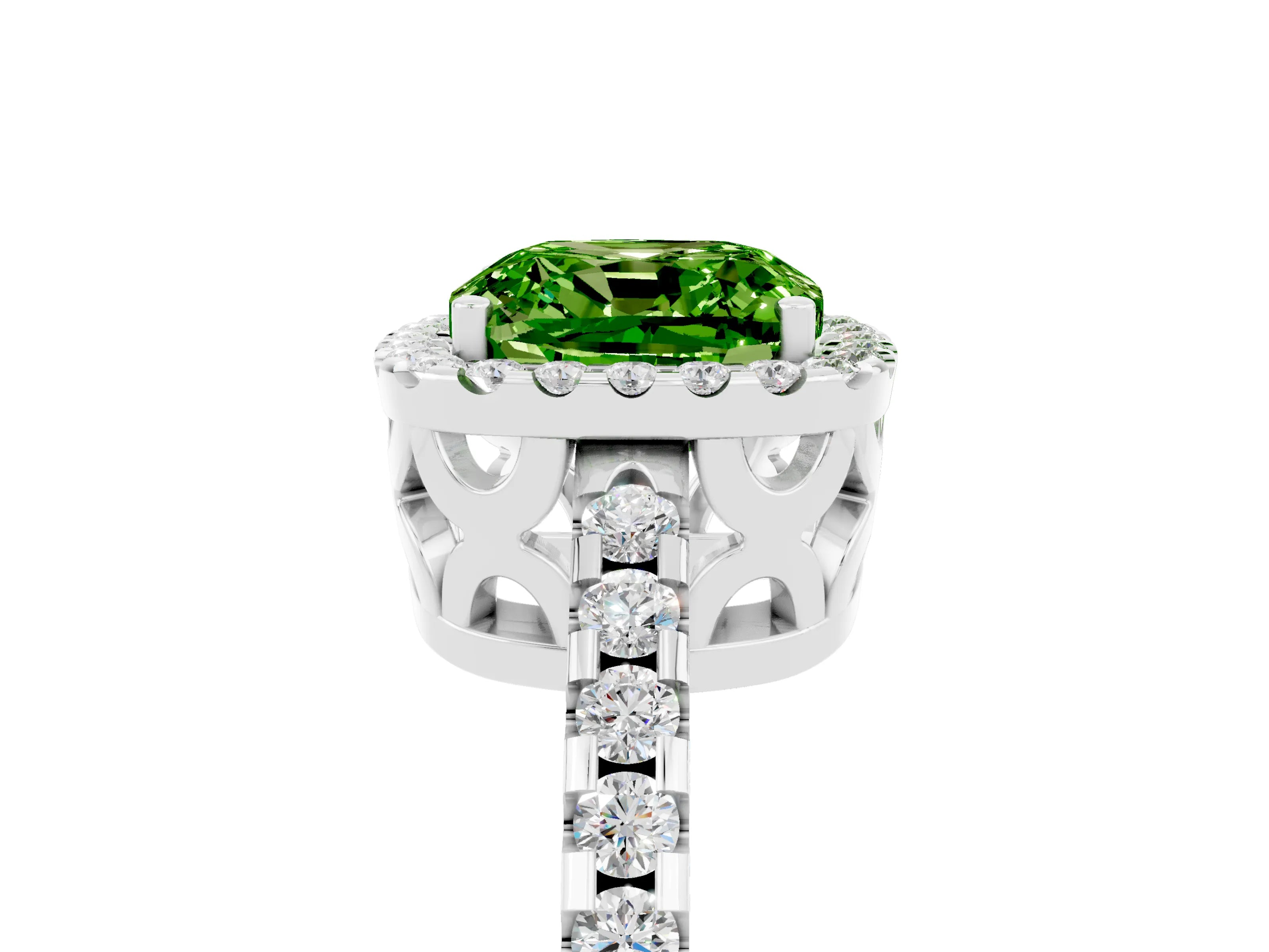 White gold Cushion Cut Peridot Halo Engagement Ring with Pavé Band and Prong Setting_17